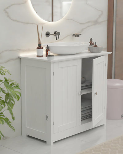 shelfmade Waschbeckenunterschrank - Waschtischunterschrank weiß im Landhausstil (ca. 50cm o. 60cm breit) - Badunterschrank Badezimmer Unterschrank Bad (50 x 30 x 60 cm)