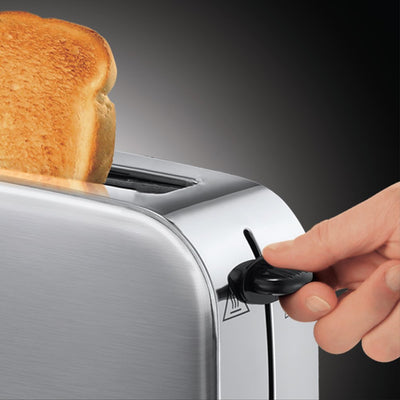 Russell Hobbs Toaster [Langschlitz für 2 Scheiben / 1 breite Brotscheibe] Adventure Edelstahl (extra breiter Toastschlitz, inkl. Brötchenaufsatz, 6 Bräunungsstufen + Auftaufunktion, 1000W) 21396-56
