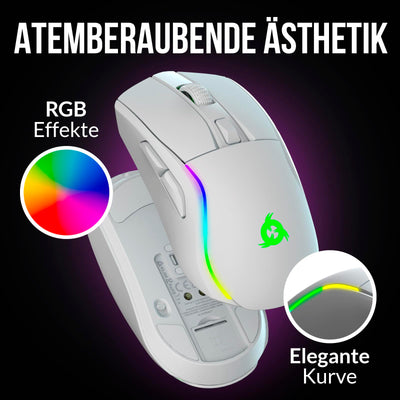 KLIM Blaze Y Wiederaufladbare kabellose Maus - NEU - Gaming Maus mit RGB und Ladestation - Hochpräziser Sensor und langlebiger Akku - Bis zu 6000 DPI - Kabel- und Wireless Mouse für PC - Weiß
