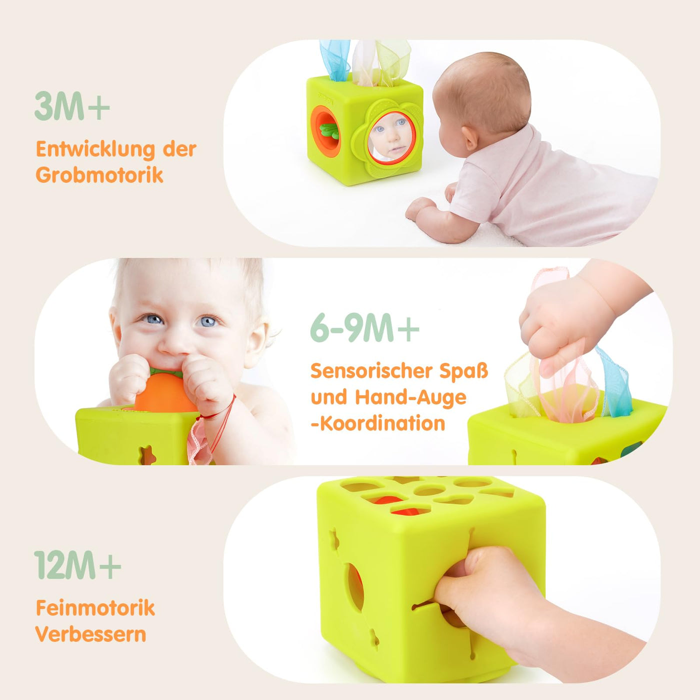 hahaland Baby Spielzeug 6 Monate - Silikon Tücher Box, Montessori Tücherbox Baby Sensorik Spielzeug, 6-in-1 Busy Würfel mit Tüchern, Spiegel, Beißring,Geschenk für Babyspielzeug ab 6 9 12 Monate