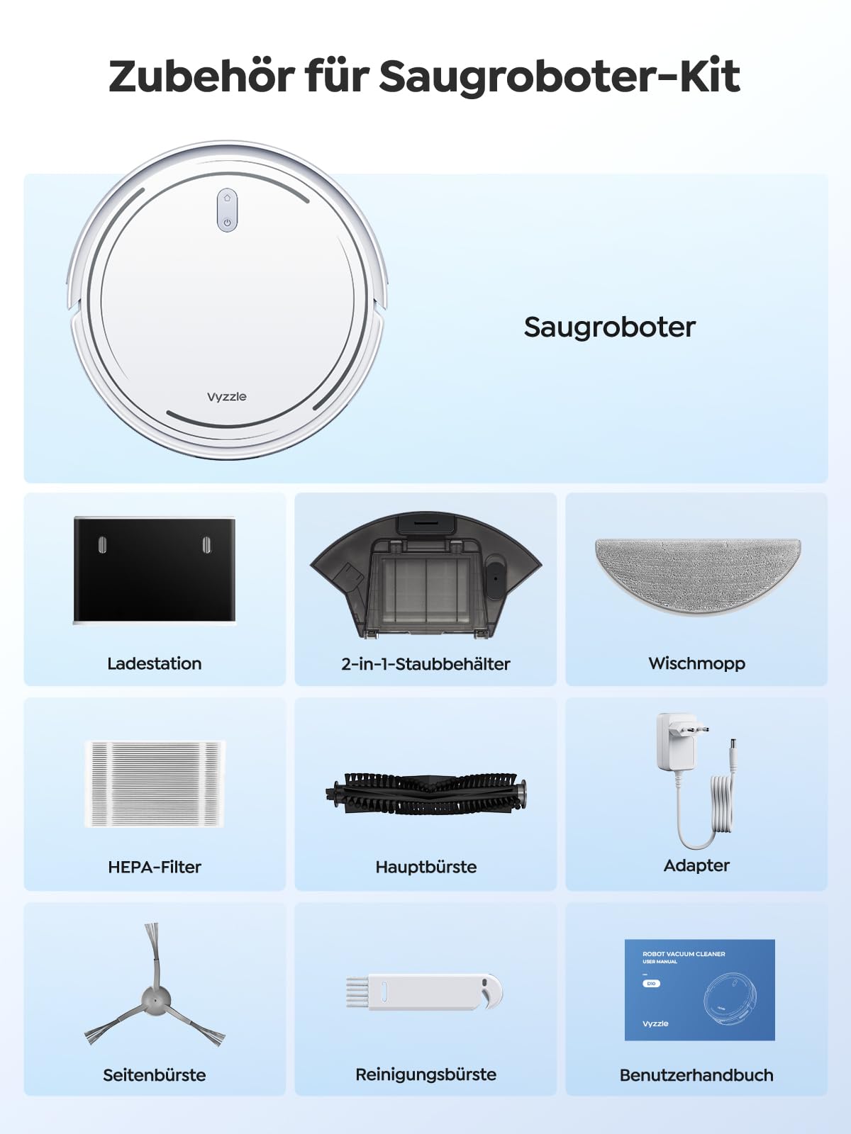 Vyzzle Saugroboter mit Wischfunktion, ultradünner Saugroboter mit LDS Navigation, 5000Pa Staubsauger Roboter D10, App/Alexa, Ideal für Tierhaare, Teppich, Hartboden