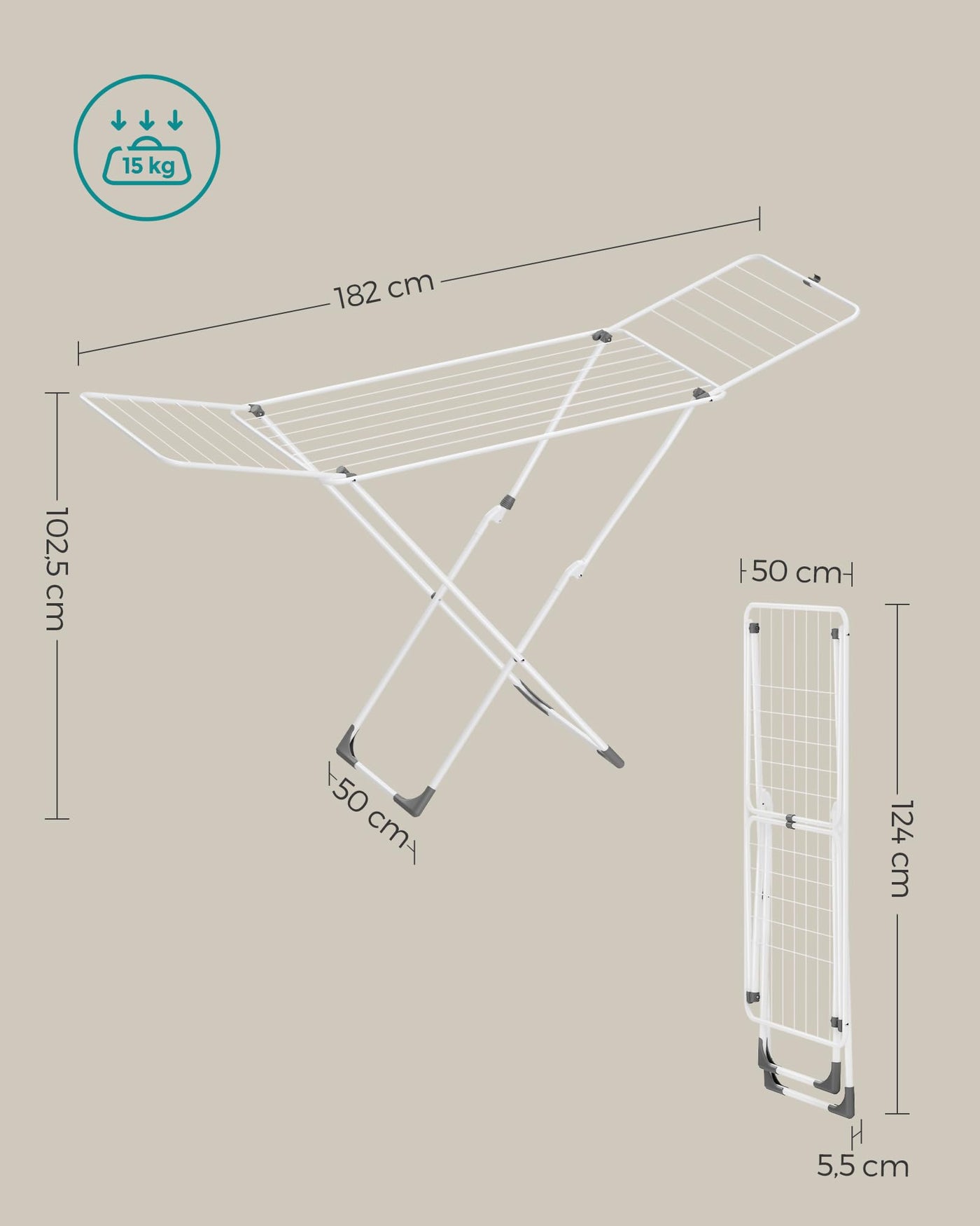 SONGMICS Wäscheständer, Standtrockner klappbar, Flügelwäscheständer, freistehend, für Innen- und Außenbereich, für Bettwäsche und Kleidung, weiß LLR540W01