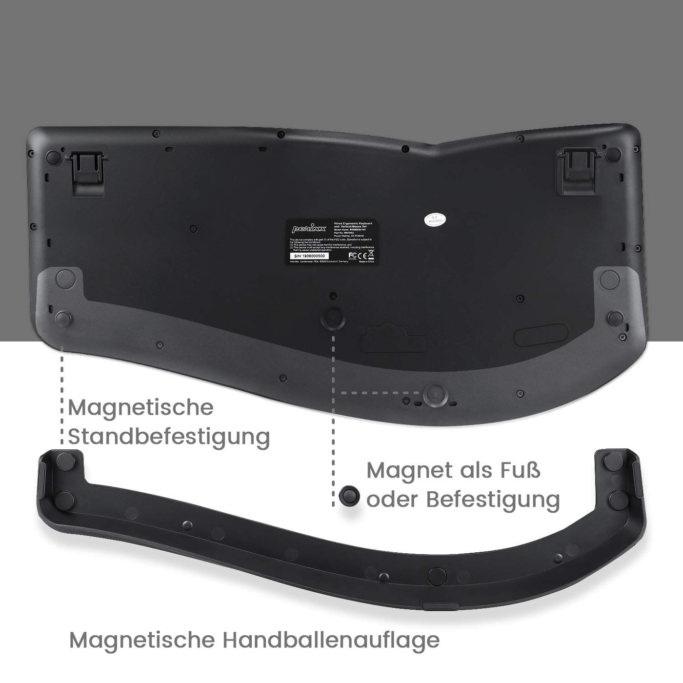 Perixx Periduo-605, Kabellose Ergonomische Tastatur und Vertikale Maus Desktop Set, Geteiltes Tastenfeld, 4-Wege-Scrollrad, Anpassbare Handballenauflage und Flachen Tasten mit Vertikalmaus