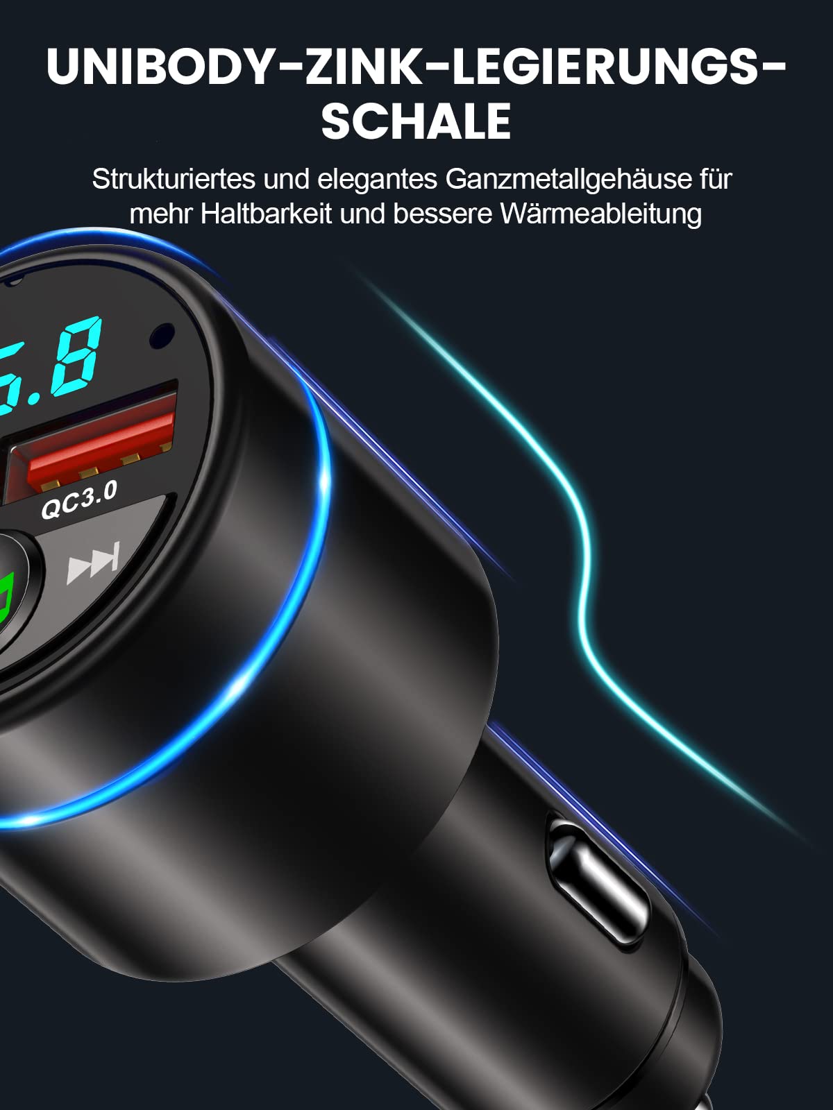 Mohard Bluetooth Adapter Auto, Ganzmetall FM Transmitter Auto Bluetooth mit PD 30W & QC3.0 18W Schnellladung, Freisprechanlage Bluetooth5.3, Rauschunterdrückung Mikrofon, 7 Farbige Licht