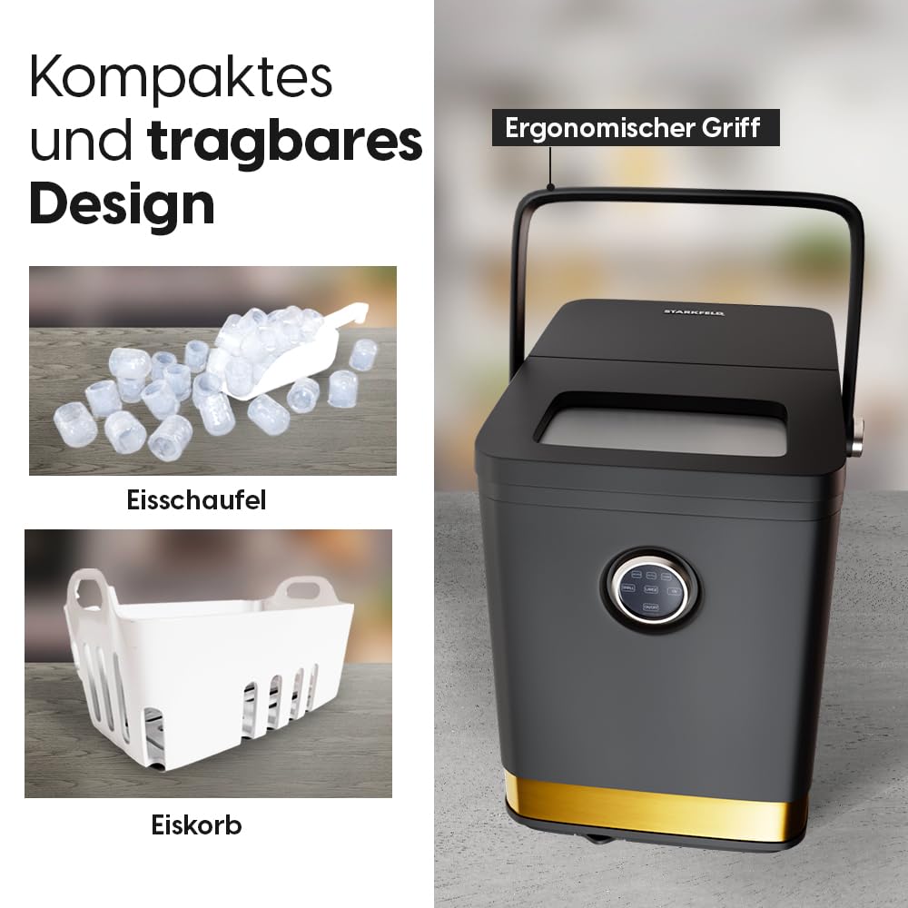STARKFELD ICE MAKER - Luxus Eiswürfelmaschine | 20 KG Eis in 24 Stunden | Selbstreinigend & Keimfrei | 1,5L Wassertank | Eis in 6 Minuten | 2 Größen Eis | Kompakt & Leise | Cocktail Maschine (Schwarz)