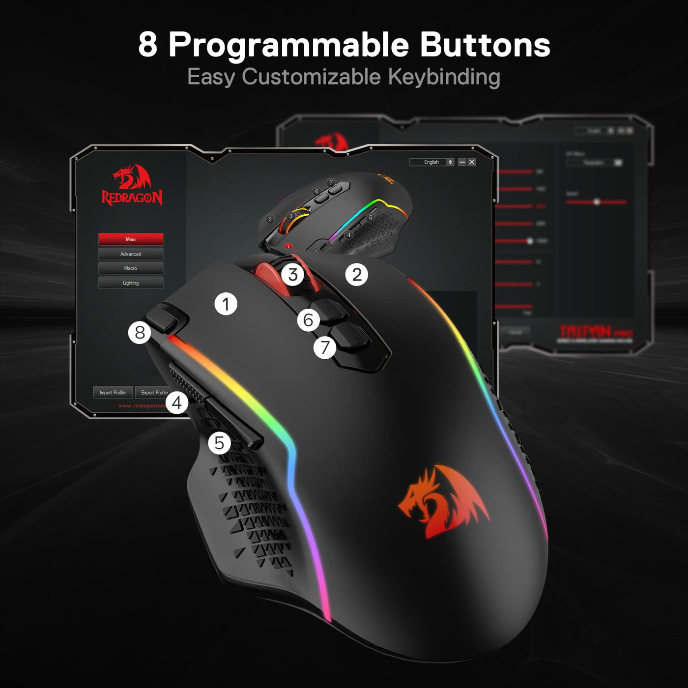 Redragon M810 Pro Kabellose Gaming-Maus, 10000 DPI Kabelgebundene/Kabellose Maus mit Schnellfeuertaste, 8 Makrotasten, 45 Stunden Dauerleistung und RGB-Hintergrundbeleuchtung für PC/Mac/Laptop