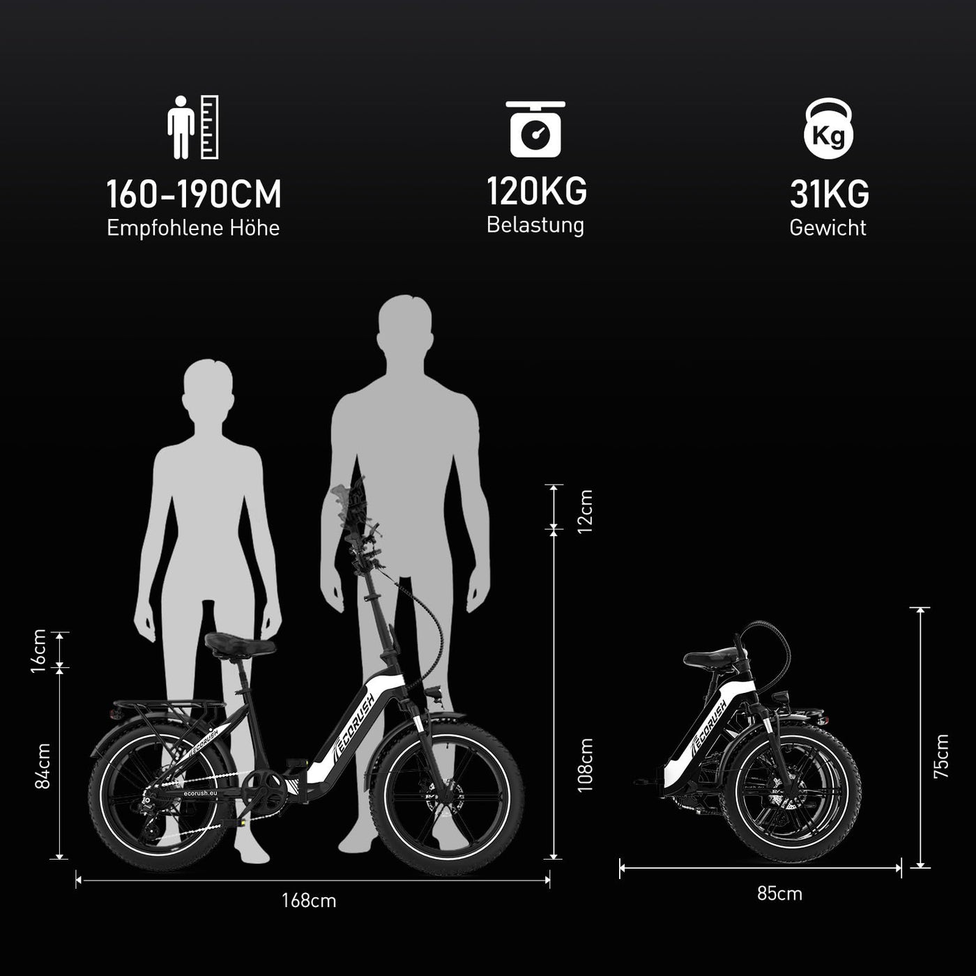 ECORUSH ECO R2 E Bike Klapprad, E-Bike mit 20×4,0 Zoll Fat Tire, Hochfester Körper, 48V 499.2Wh Akku, 7-Gang, LCD-Display, 250W Motor & 25Km/h Elektrofahrräder für Herren und Damen