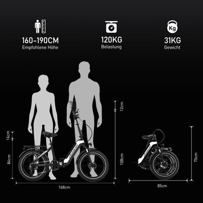 ECORUSH ECO R2 E Bike Klapprad, E-Bike mit 20×4,0 Zoll Fat Tire, Hochfester Körper, 48V 499.2Wh Akku, 7-Gang, LCD-Display, 250W Motor & 25Km/h Elektrofahrräder für Herren und Damen