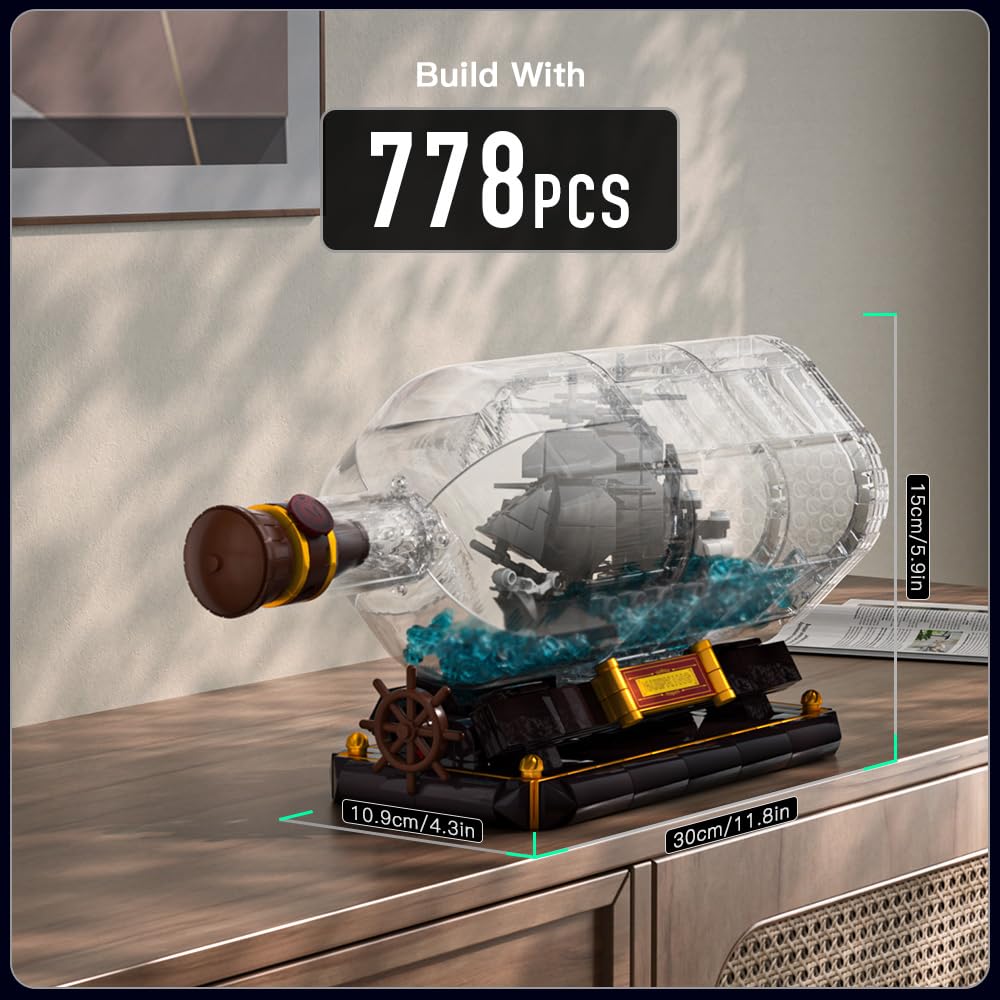 Mould King 10070 Piratenschiff in Flasche Bausteine Black Pearl Segelschiff Klemmbausteine Sammler Schiffsmodell Geschenk für ab 8 Jahren(778 Teile)