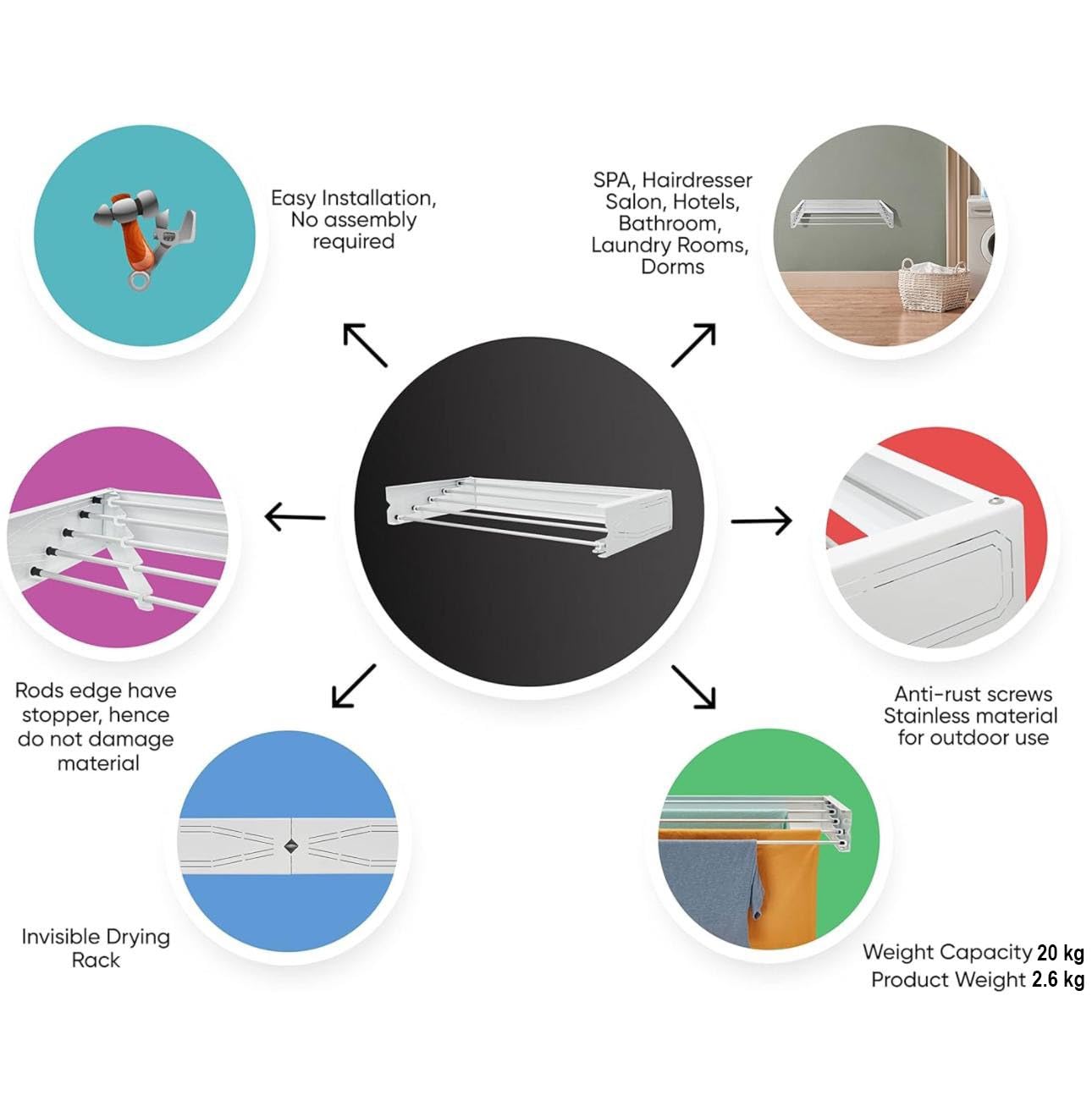 HomeArt Wäscheständer zur Wandmontage, 75 cm, einziehbarer Wäscheständer, faltbarer Wäschetrockner, Innen- und Außenbereich, kompaktes gemustertes Design, 20 kg Tragkraft, Weiß