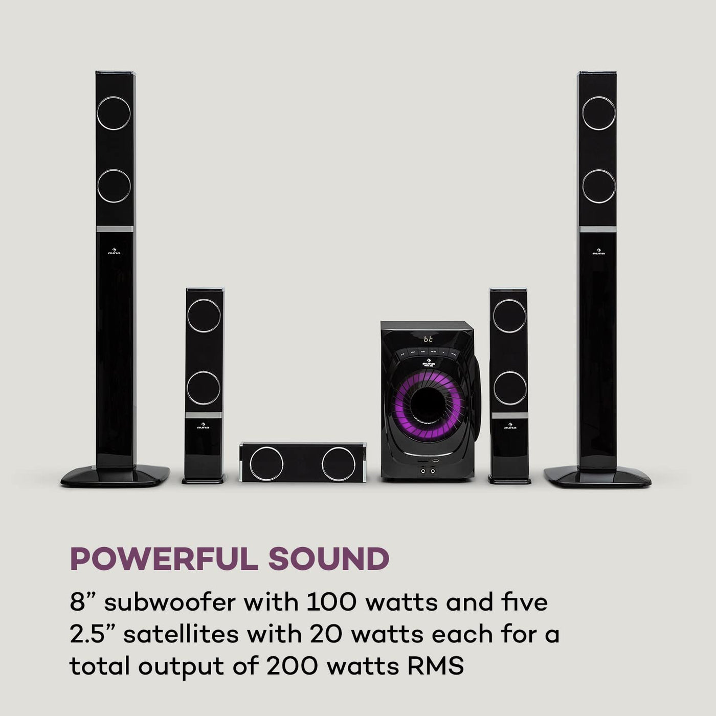 auna Areal 825 5.1 Soundsystem - 5.1 Heimkinosystem mit 200 Watt Leistung RMS, 8" Heimkino Subwoofer + 5 Lautsprecher, Bluetooth, USB, SD, AUX, inkl. Fernbedienung