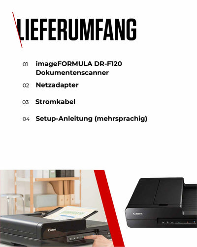 Canon DR-F120 imageFORMULA Flachbett- und Duplex Einzugsscanner (DIN-A4, Farbe, 2.400 DPI, 50 Blatt ADF, 20 Seiten/Min, PDF durchsuchbar, OCR, Software, Twain, schwarz)