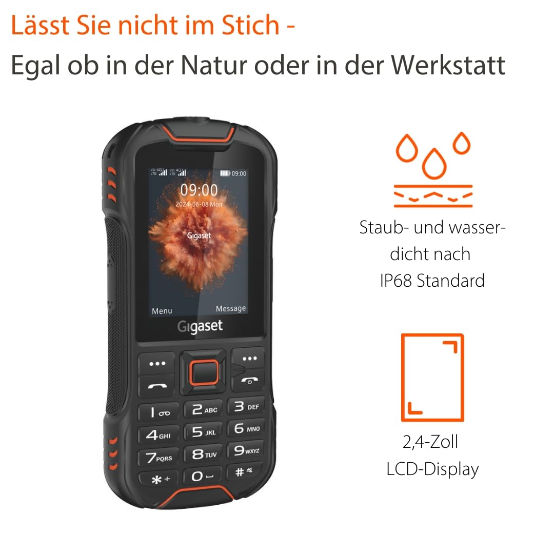 Gigaset GLX8 - Robustes 4G-Outdoor-Tastenhandy – Staub- & wasserdicht IP68 Schutzklasse - Dual SIM - ohne Vertrag - Bluetooth 5.0-2,4 Zoll LCD-Display, Schwarz/Orange