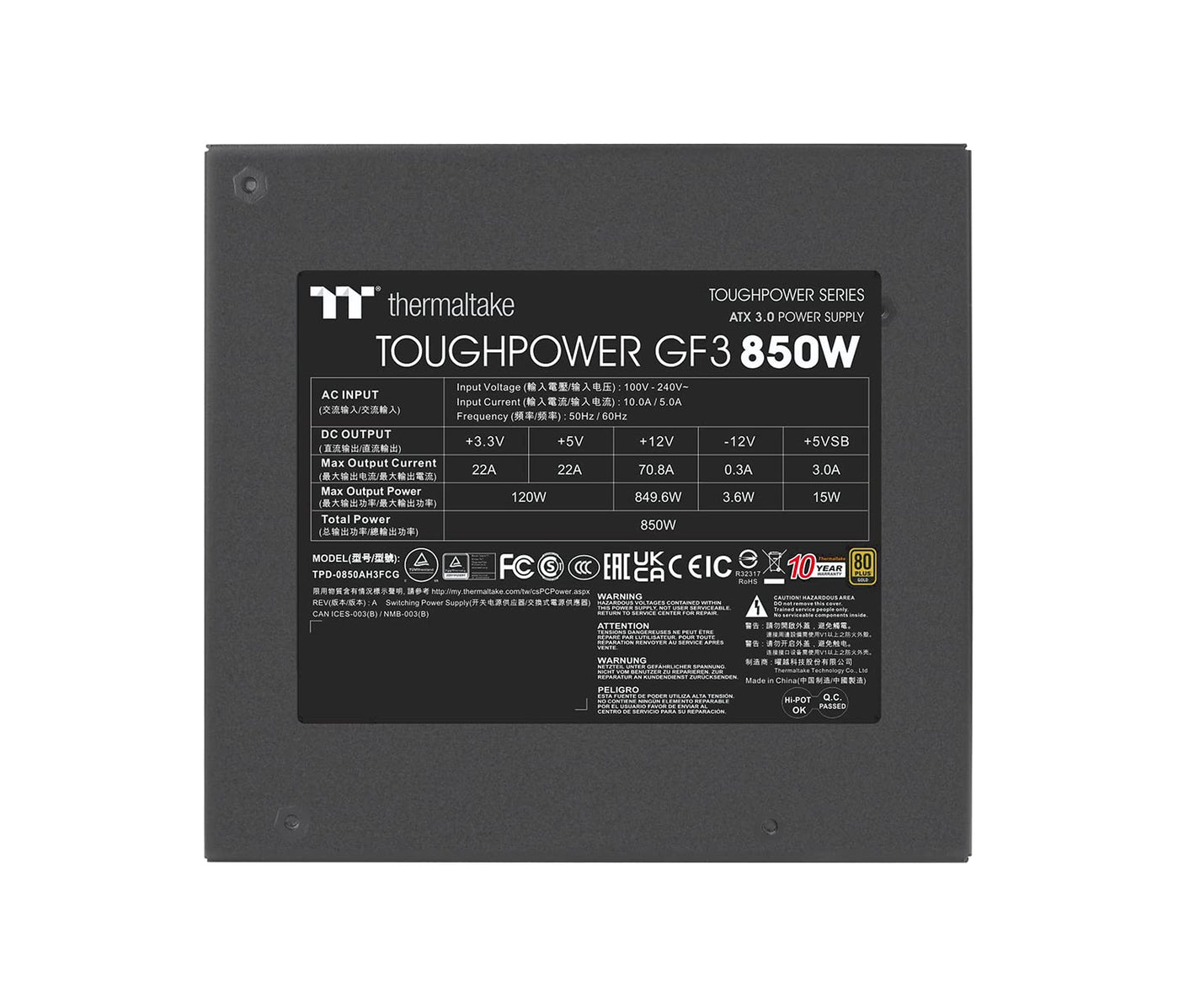 Thermaltake Toughpower GF3 850W | PC-ATX-3.0-Netzteil | PCIe Gen 5.0 | 80-Plus-Gold | voll-modular | leiser 140 Lüfter | EU Zertifiziert