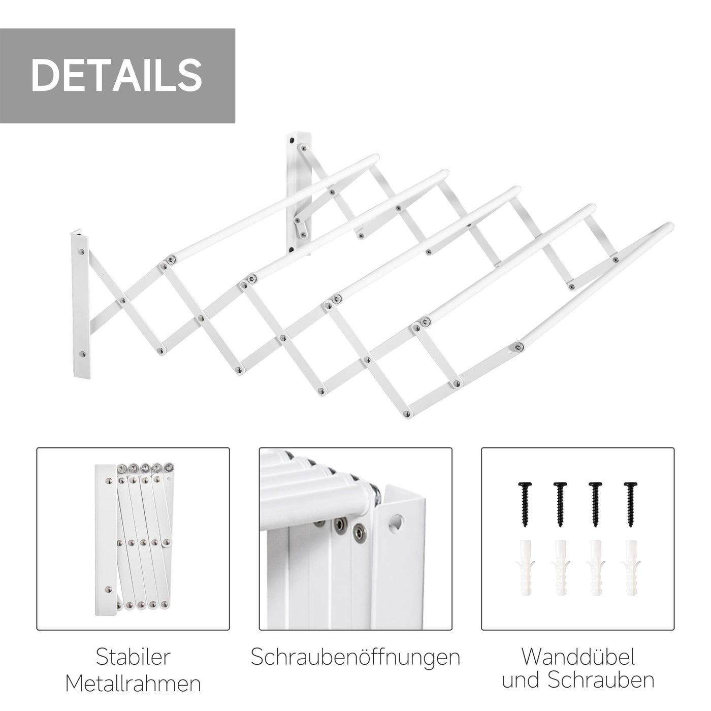 HOMCOM Wandtrockner Wäscheständer für Wandmontage Wandwäschetrockner ausziehbar klappbar platzsparender Wäschereck für kleine Haushalte für drinnen und draußen Metall Weiß 63,5 x 60 x 20 cm