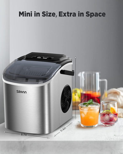 Silonn Eiswürfelmaschine, Kleine Eiswürfelmaschine mit Tragegriff, 9 Eiswürfeln in nur 6 Min., 12 kg Eis in 24 Stdn. Selbstreinigend Kompakt mit 2 Eisgrößen, Ideal für Küche Büro und Partys, Silber