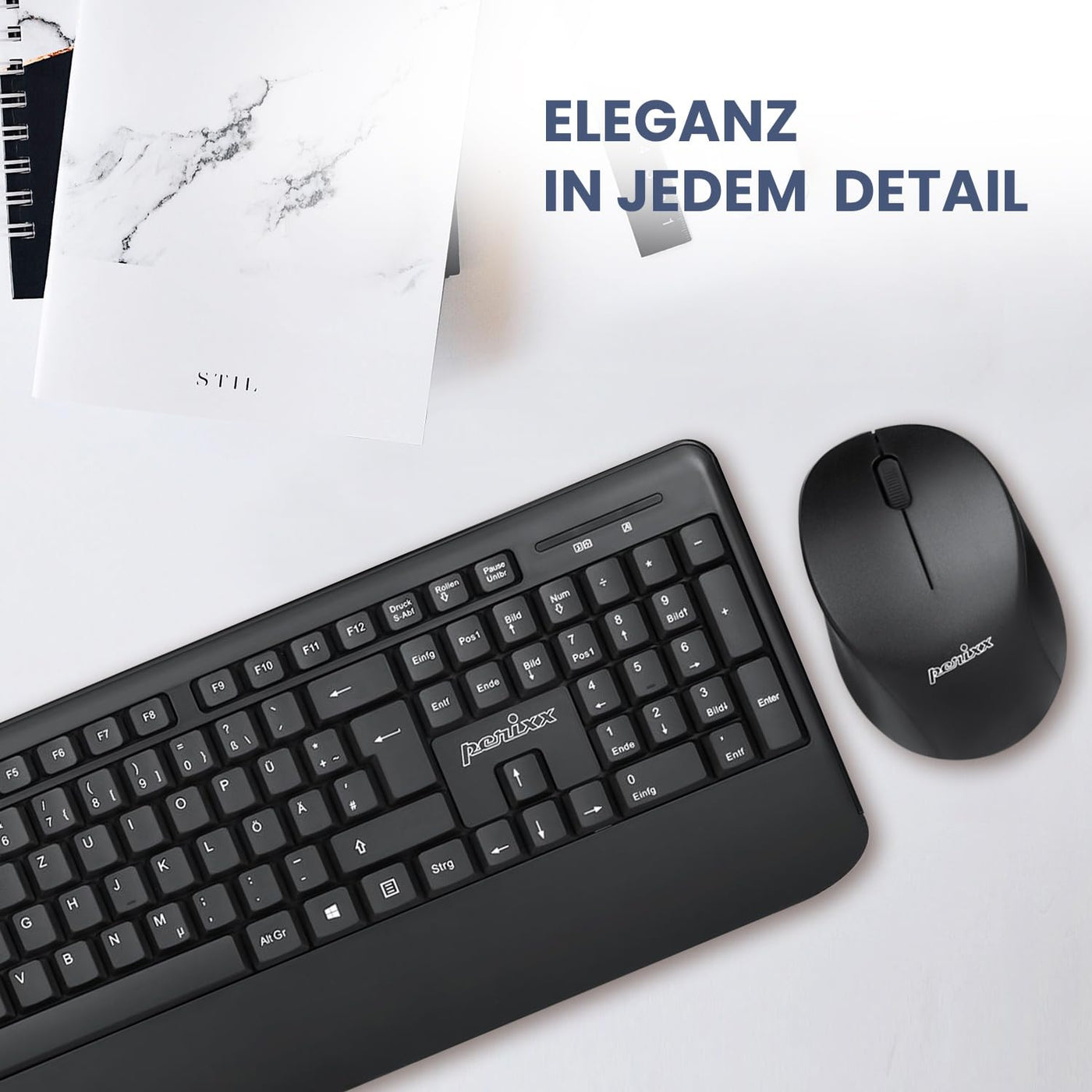 Perixx PERIDUO-714, Kabelloses Standard Vollformat Tastatur mit Nummernblock und Maus Desktop Set, 2,4 GHz Funkverbindung, Schwarz, DE QWERTZ