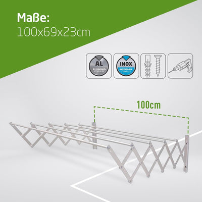 Amig – Wäscheständer Ausziehbar Für die Wand | hochbeständiges Aluminium | Edelstahlschrauben | Für Drinnen und Draußen | Einfache Installation | Maße: 100x14x3 cm