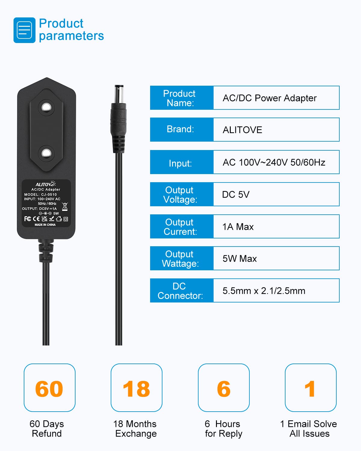 ALITOVE 5V 1A Netzteil DC 5 Volt 5W 1000mA max Steckernetzteil 800mA 650mA 500mA 100mA Adapter Transformator mit 8 Steckers für Raspberry Pi USB-HUB LED Streifen Min Fan MP3/MP4 E-Reader