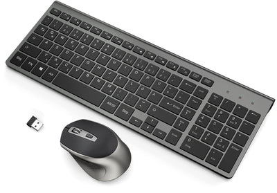 JOYACCESS Tastatur Maus Set Kabellos, 2.4G Ultra-Dünne Funktastatur mit Maus, QWERTZ Layout (Deutsch), Ergonomische Keyboard Mouse für Computer/Desktop/PC/Laptop/Windows 10/8/7, Schwarz und Grau