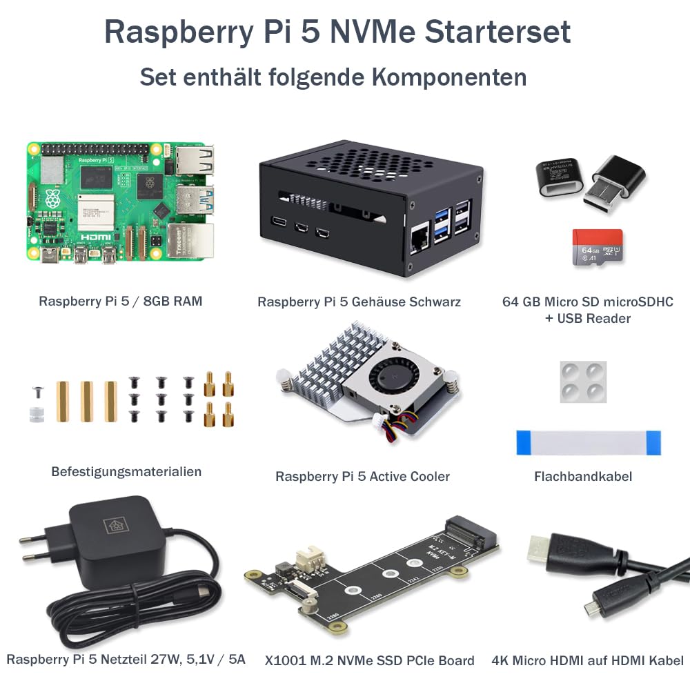 Raspberry Pi 5 8GB PCIe M.2 NVMe - Kit | Metallgehäuse | Active Cooler | M.2 NVMe SSD PCIe Board | USB-C 27W Netzteil | 64GB SD Karte | 4K Micro HDMI Kabel