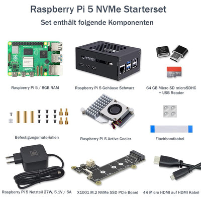 Raspberry Pi 5 8GB PCIe M.2 NVMe - Kit | Metallgehäuse | Active Cooler | M.2 NVMe SSD PCIe Board | USB-C 27W Netzteil | 64GB SD Karte | 4K Micro HDMI Kabel