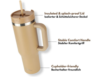 Milu Thermobecher 1200ml mit Strohhalm und Henkel – 48h Eis/24h kalt/12h heiß Edelstahl Tumbler 40oz mit Griff - Isolierbecher to go - Isolierflasche Trinkflasche doppelwandig isoliert (Braun, 1,2L)