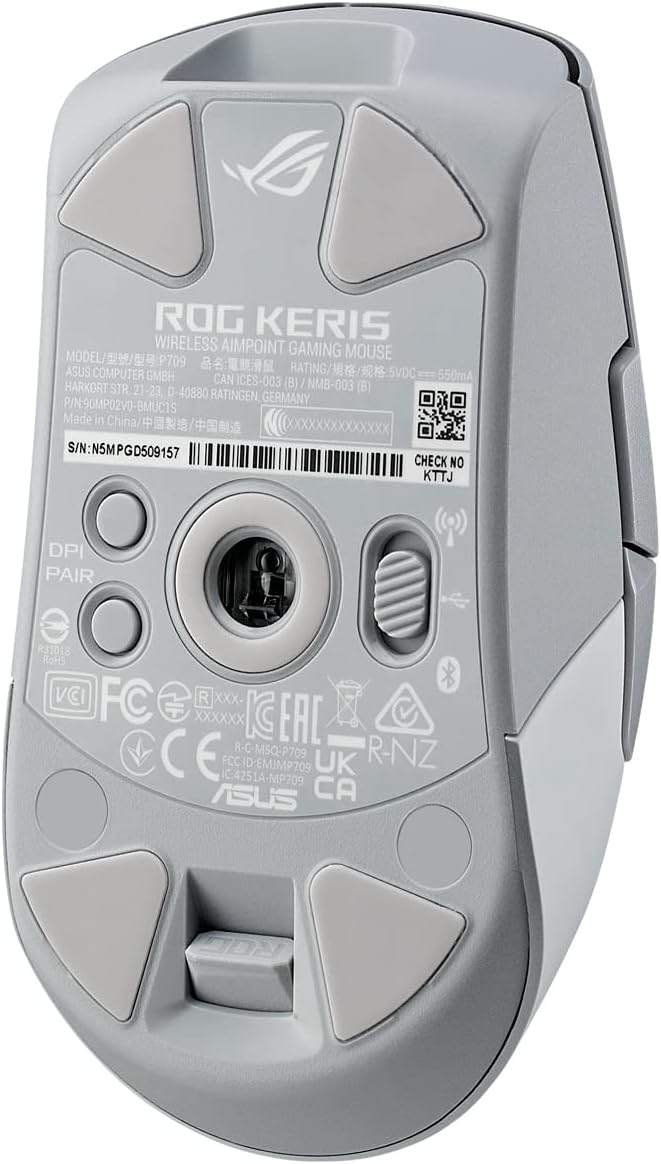 ASUS ROG Keris Wireless AimPoint White RGB Gaming Maus (optischer ROG AimPoint-Sensor, 36.000 DPI, ROG Micro Switches, 2,4 GHz RF, Bluetooth, USB, 5X programmierbare Tasten, weiß)