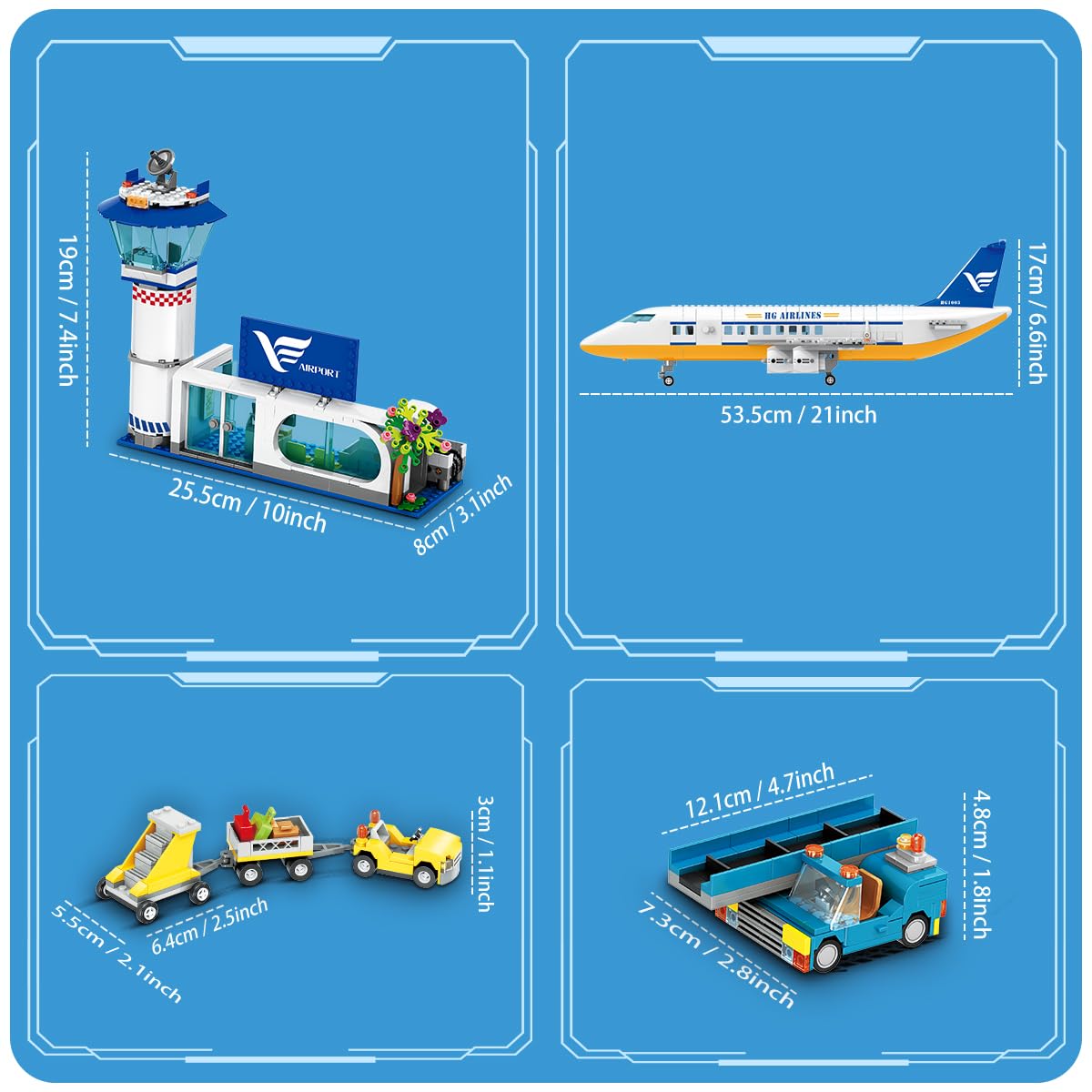 HOGOKIDS Passagierflugzeug Bauspielzeug Set mit LED Licht, 901 PCS Flugzeug Bausteine Spielzeug mit Terminal, Radarturm, Anhänger, Flugzeug-Modell Geschenke für Jungen Mädchen ab 6 7 8 9 10 Jahre