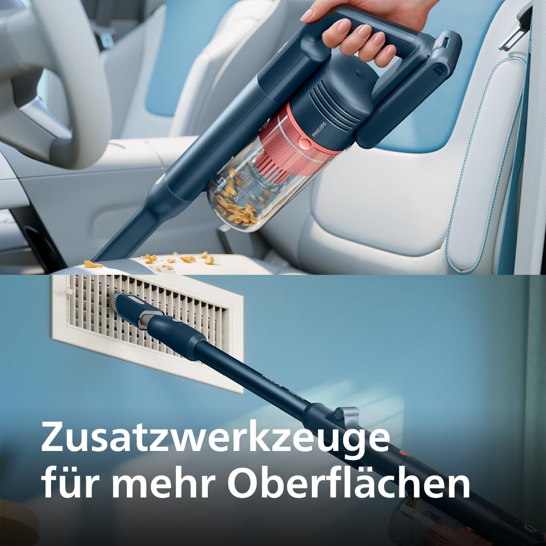 Philips Kabelloser Staubsauger 5000 Series Flex, Starke Saugkraft, 60 Min. Laufzeit, Düse mit LED-Beleuchtung, Tierhaar-Düse, Fugendüse und Kombi-Zubehör, Display, Austauschbarer Akku (XC5243/10)