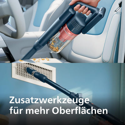 Philips Kabelloser Staubsauger 5000 Series Flex, Starke Saugkraft, 60 Min. Laufzeit, Düse mit LED-Beleuchtung, Tierhaar-Düse, Fugendüse und Kombi-Zubehör, Display, Austauschbarer Akku (XC5243/10)