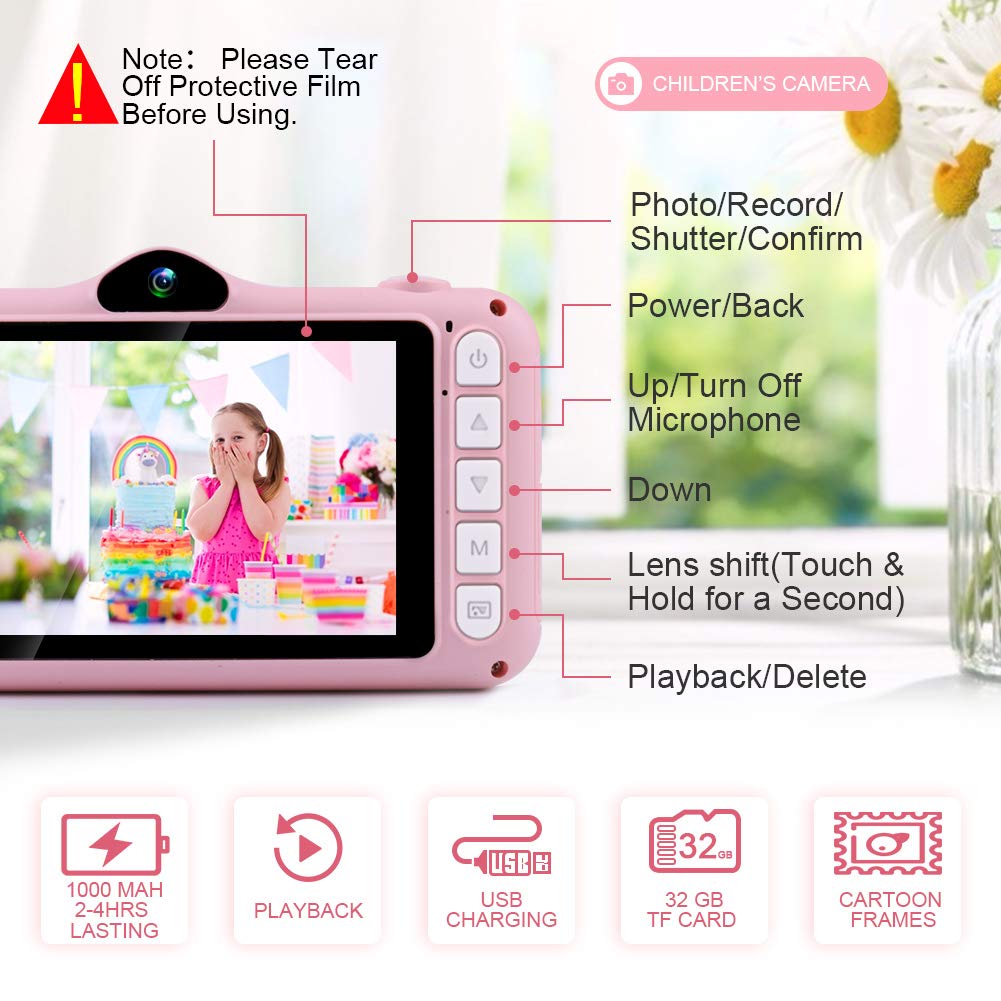 Kinderkamera - Digitalkamera, mit 3,5-Zoll-Großbildschirm 1080P HD 12MP Eingebaute 32GB SD-Karte USB Wiederaufladbare Selfie Kamera für 3-10 Jahre Alter Mädchen Geburtstag Kinder Spielzeug, Rosa