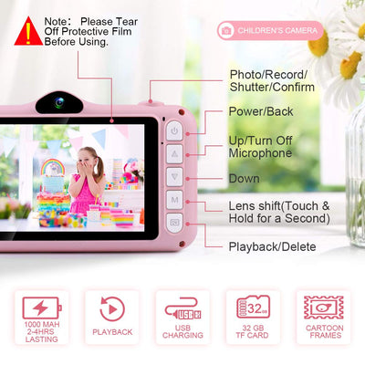 Kinderkamera - Digitalkamera, mit 3,5-Zoll-Großbildschirm 1080P HD 12MP Eingebaute 32GB SD-Karte USB Wiederaufladbare Selfie Kamera für 3-10 Jahre Alter Mädchen Geburtstag Kinder Spielzeug, Rosa