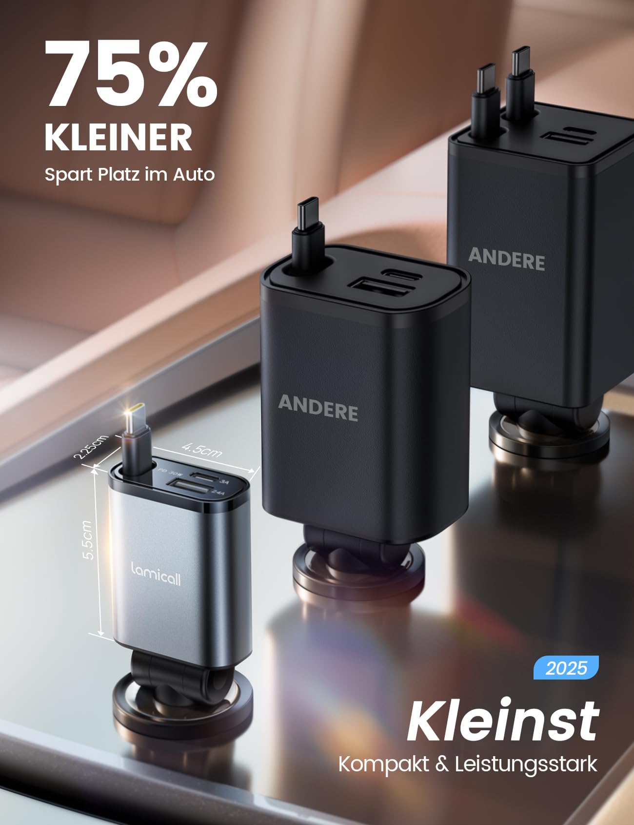 Lamicall 3 IN 1 Zigarettenanzünder USB C Auto Ladegerät -【2025 Super Kompakt】50W USB Adapter Auto Schnellladegerät mit einziehbare Typ-C Kabel/USB C/USB A, 24/12V KFZ Ladegerät Auto für iPhone/Samsung