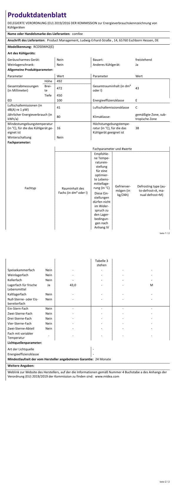 Comfee RCD50WH2(E) Mini Kühlschrank / 43L Kühlbox mit Eisfach/Kühlschrank Klein für Zimmer & Büro/Schnelle Kühlung in der Chiller Box/Temperaturregelung/Verstellbare Füße / 80 kWh/Jahr/Weiß