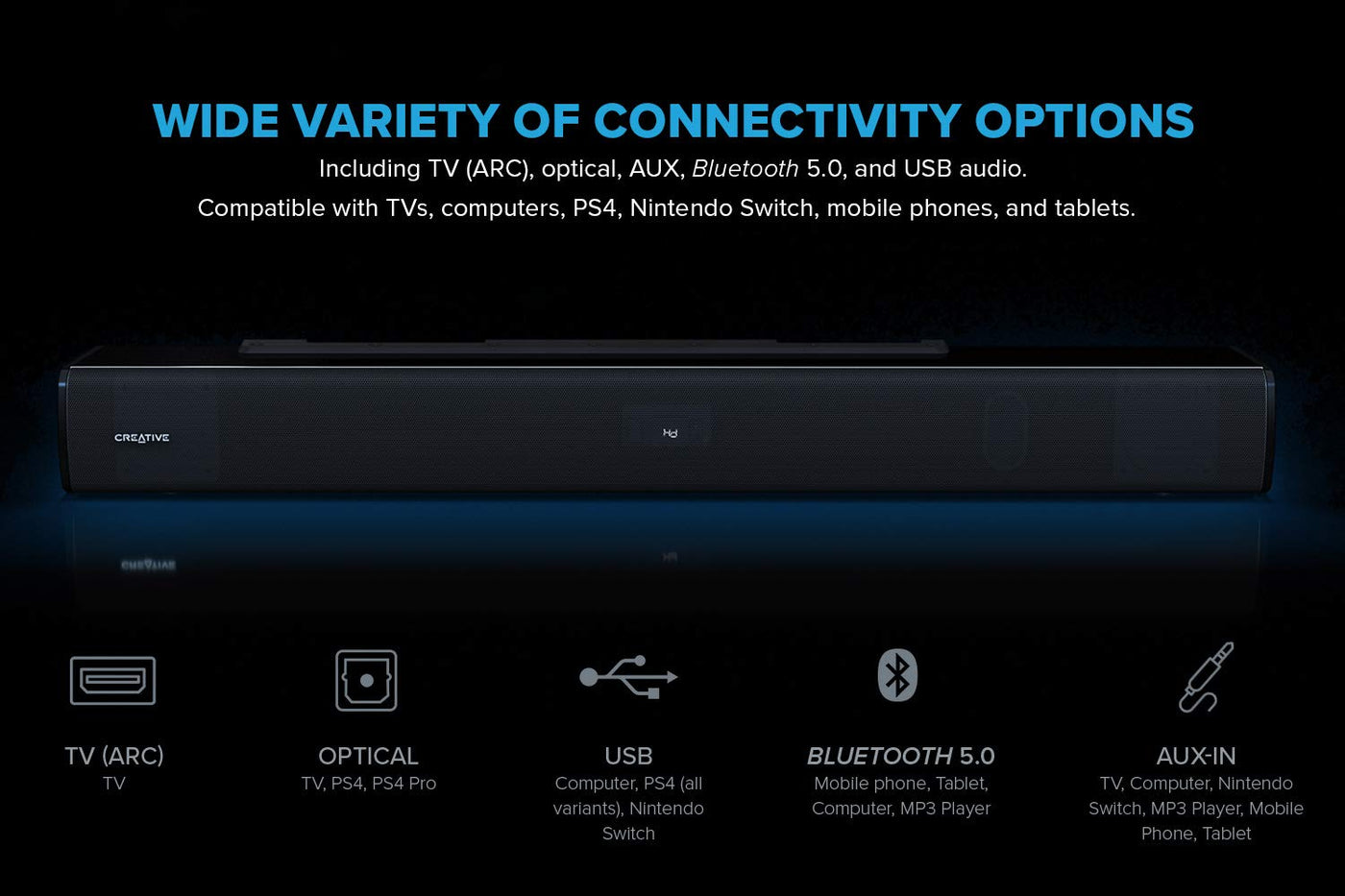 Creative Stage V2 2.1 Soundbar mit Subwoofer, Clear Dialog und Surround von Sound Blaster, Bluetooth 5.0, TV ARC, Optical sowie USB Audio, Wandmontage möglich, Bass- und Höheneinstellung, für TV