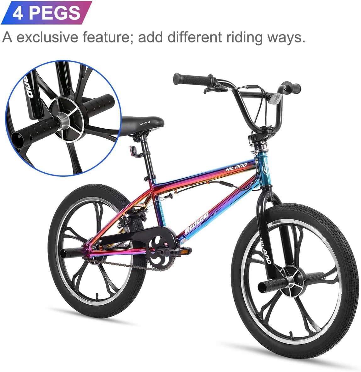 Hiland 20 Zoll 5 Speichen Kinder BMX Fahrrad für Jungen Mädchen ab 7-13 Jahre alt, 360 Grad Rotor Freestyle, 4 Pegs Kinder BMX Fahrrad, Regenbogen