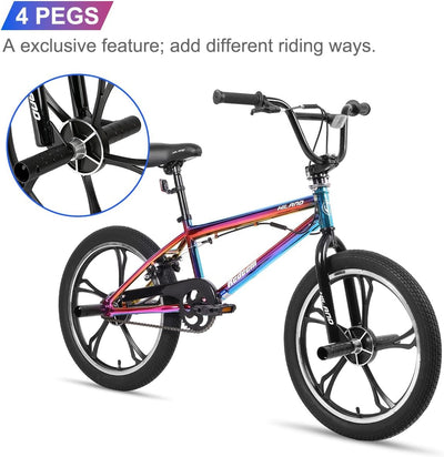Hiland 20 Zoll 5 Speichen Kinder BMX Fahrrad für Jungen Mädchen ab 7-13 Jahre alt, 360 Grad Rotor Freestyle, 4 Pegs Kinder BMX Fahrrad, Regenbogen
