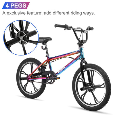 Hiland 20 Zoll 5 Speichen Kinder BMX Fahrrad für Jungen Mädchen ab 7-13 Jahre alt, 360 Grad Rotor Freestyle, 4 Pegs Kinder BMX Fahrrad, Regenbogen