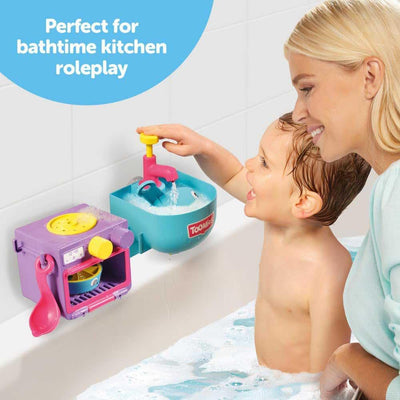 Toomies Bubble & Bake Badewannen Küche, Baby Badespielzeug, Wasserspielzeug, Badespielzeug für Kleinkinder, 2 in 1 Spielset, Badewannenspielzeug geeignet für Kinder ab 18 Monate +