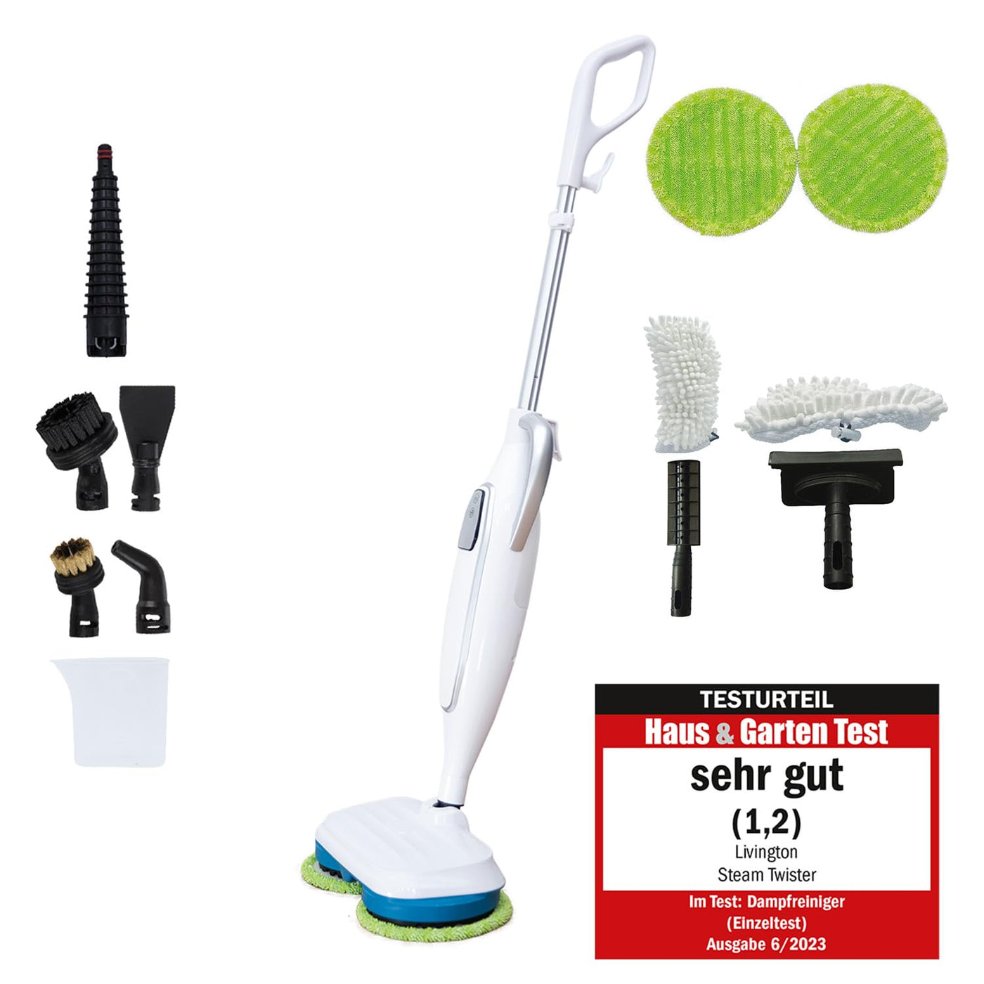 Livington Steam Twister weiß - Mega Spar Set - rotierender Dampfreiniger inkl. Reinigungsaufsätze & Ersatzpads - Dampfbesen & Handdampfreiniger - elektrischer Bodenwischer - Mop