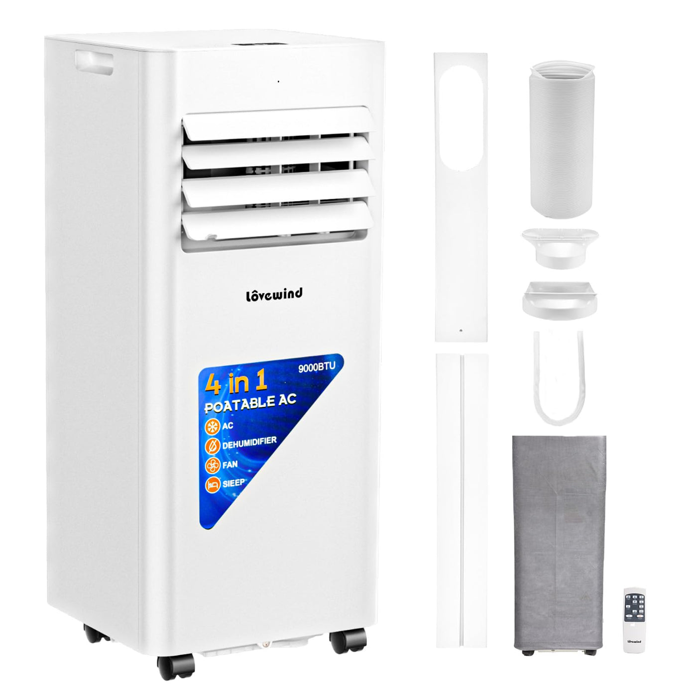 Lovewind Mobiles Klimagerät 9000 BTU (Eco R290), Leise 52 dB, Tragbare Klimaanlage mit Fernbedienung, 4-in-1 Kühlung, Entfeuchtung, Belüftung und Schlafen, IPX1 für Innenräume Büro