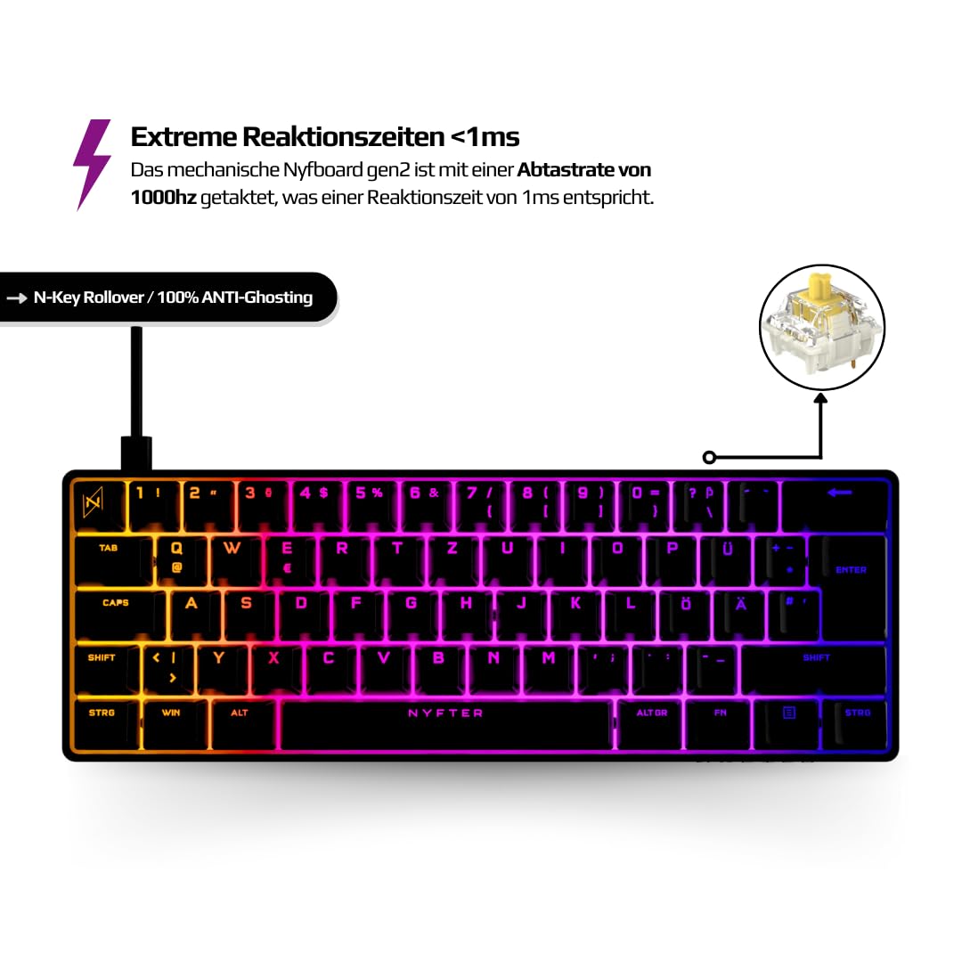 Nyfter - 60% Gaming Keyboard - NYFBOARD GEN2 Gaming Computer Tastatur mit Gateron Yellow Switches - HOT-SWAPPABLE Deutsches Tastatur QWERTZ mechanisch RGB keyboard ISO-DE Layout für Gamer (Black, 60%)