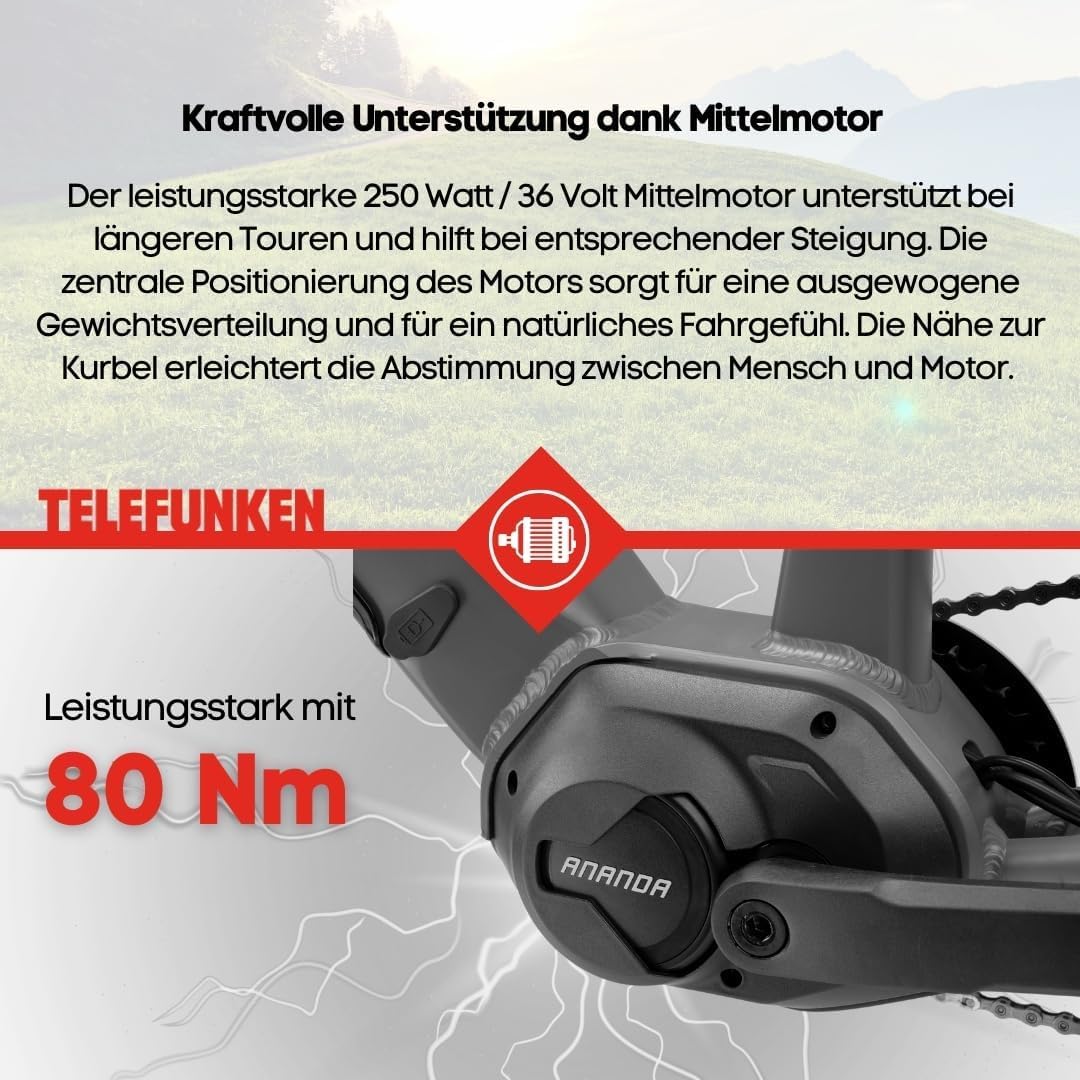 TELEFUNKEN E-Bike Herren 27,5 Zoll, Elektrofahrrad Mittelmotor, 9-Gang Kettenschaltung, Hydr. Scheibenbremsen, Pedelec SUV-Bike inkl. Fahrradschloss