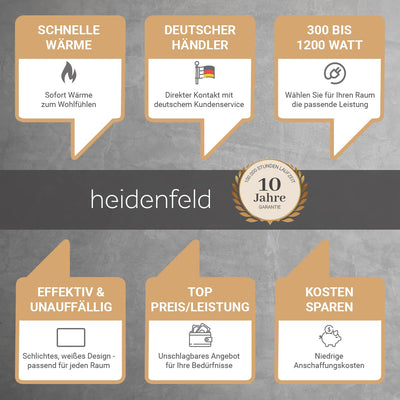 Heidenfeld Infrarotheizung HF-HP100-3 | 𝟭𝟬 𝐉𝐀𝐇𝐑𝐄 𝐆𝐀𝐑𝐀𝐍𝐓𝐈𝐄 - 1000 Watt - 14-25 m² - Infrarot Heizkörper - Elektroheizung mit Thermostat - Überhitzungsschutz (HF-HP100-3 1000 Watt)