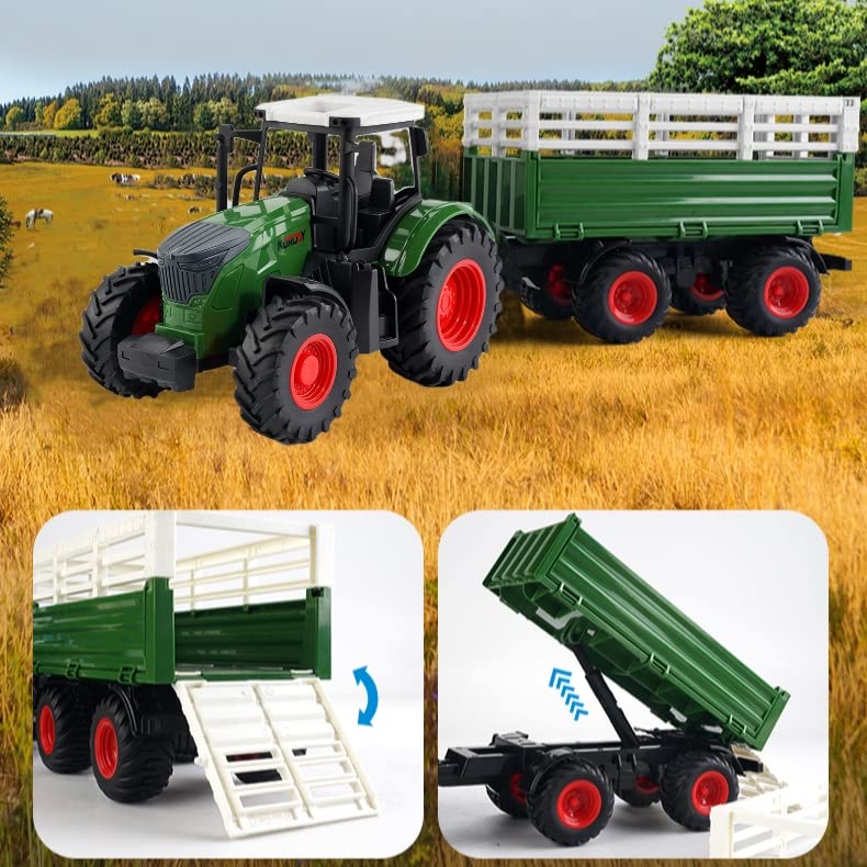 Hyrenee Farm Traktor Fahrzeuge Traktor Anhänger mit Greifer Round Bale Frontloade Tipping Anhänger Dünger Spreader mit Milch Kuh Ballen Farming Spielzeug Spielset für Jungen Kinder Kleinkinder