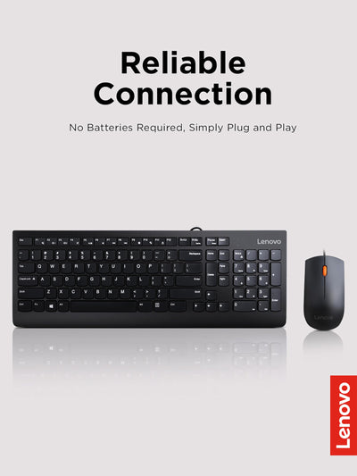 Lenovo 300 USB Combo, Full-Size Wired Tastatur & Maus, Ergonomische, Links- oder Rechtshänder, Optische Maus, GX30M39606, Schwarz