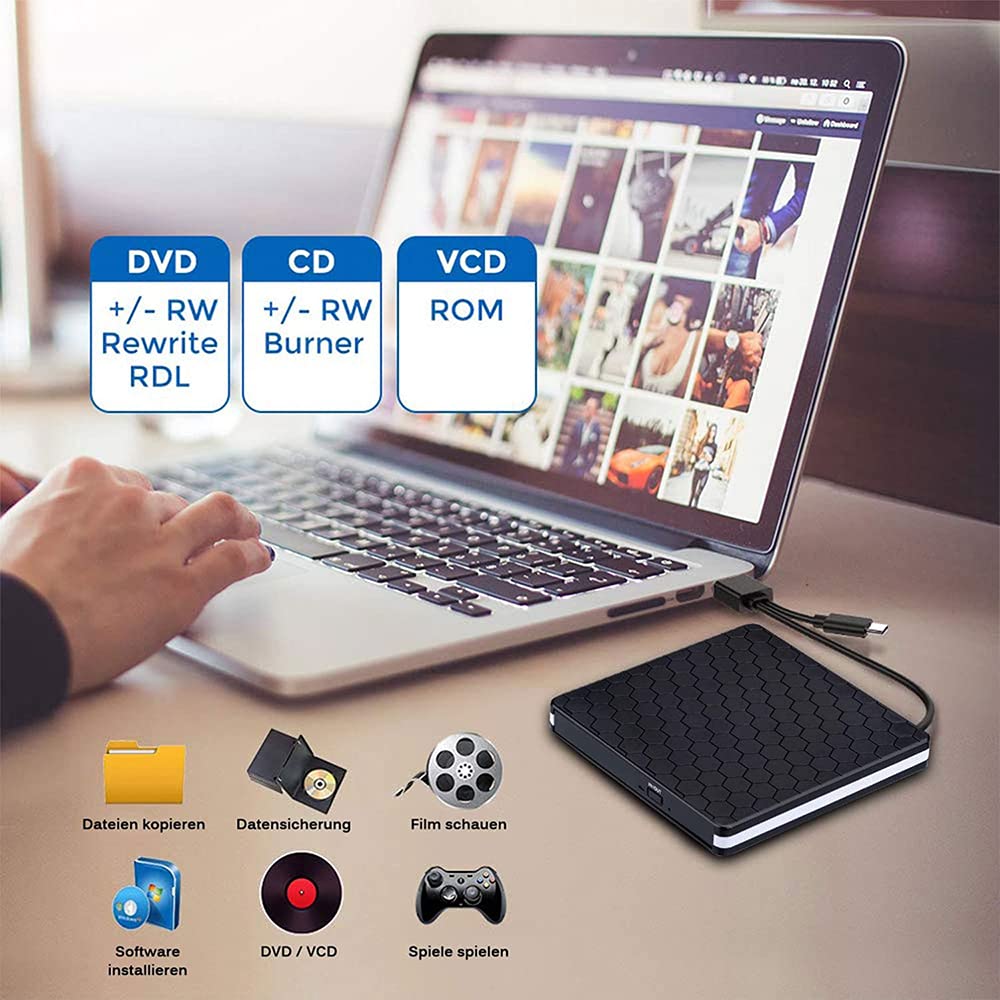 External DVD Drive, Amicool USB 3.0 Type-C CD DVD +/-RW Optical Drive USB C Burner Slim CD/DVD ROM Rewriter Writer Reader Portable for PC Laptop Desktop MacBook Mac Windows 7/8.1/10 Linux OS Apple