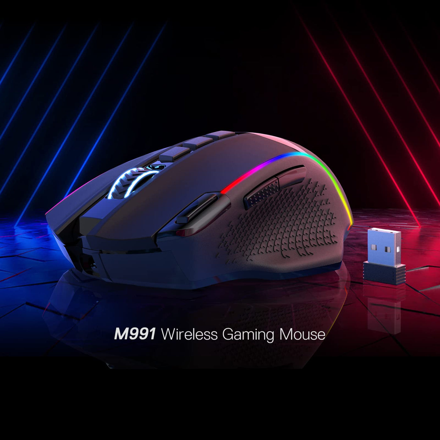 Redragon M991 kabellose Gaming-Maus, 19000 DPI kabelgebundene/drahtlose Maus mit Schnellfeuertaste, 9 Makro-Tasten, 45-Stunden-Dauerleistung und RGB-Hintergrundbeleuchtung für PC/Mac/Laptop