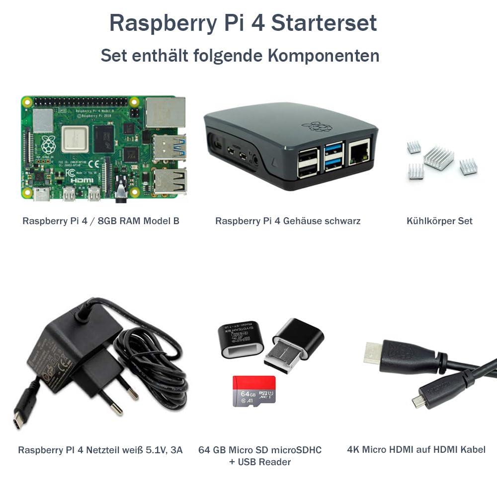 Raspberry Pi 4 8GB Starter-Set | 64GB Micro SD Karte | USB-C Netzteil 15W | Gehäuse schwarz | 4K Micro HDMI Kabel | Kühlkörper Set | Raspberry Pi 4 Model B 8GB RAM